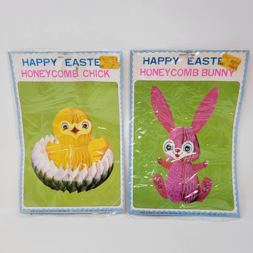 2 New Vintage Paper Honeycomb Easter Decoration Pink Bunny Yellow Chick with Egg